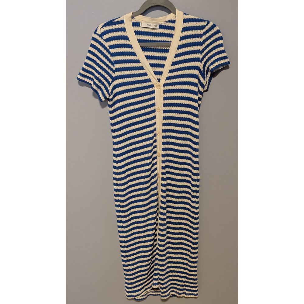Mango Blue and Cream Striped Knit Button Up Dress Size 6
